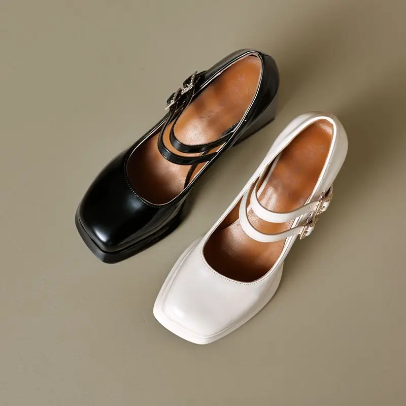 REAVE CAT White Sexy Women Pumps Square Toe 9cm Block Heel Double Buckle Strap Plus Size 44 45 46 Mary Janes Dating Party Shoes view 4