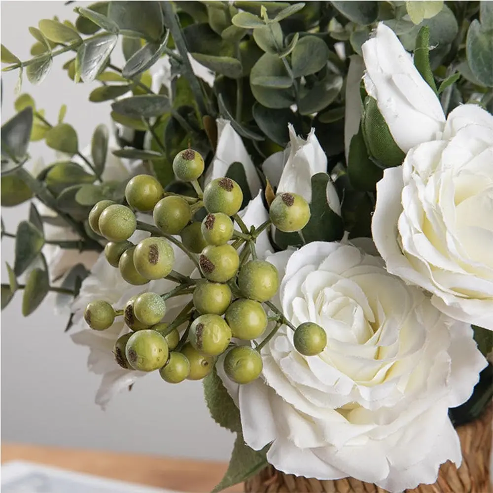 زهور صناعية بيضاء كبيرة - ورود من الحرير الصناعي وأوراق الأوكالبتوس لباقات الزفاف، وترتيبات الزهور، وقطعة مركزية للطاولة