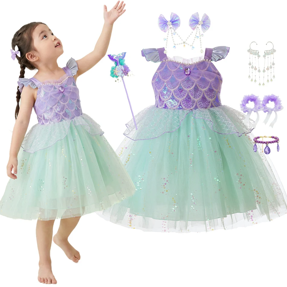 Toddler Ariel Mermaid Princess Outfit Purple Sequined Fish Scale Top Sparkling Layered Tulle Gown for Kids Halloween Party
