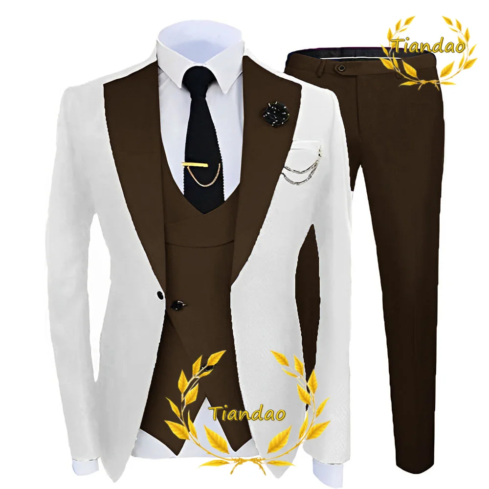 Men\'s Suit Wedding Tuxedo 3-Piece Set White Jacket Pants Vest Groom Formal Fashion Blazer Set for Male