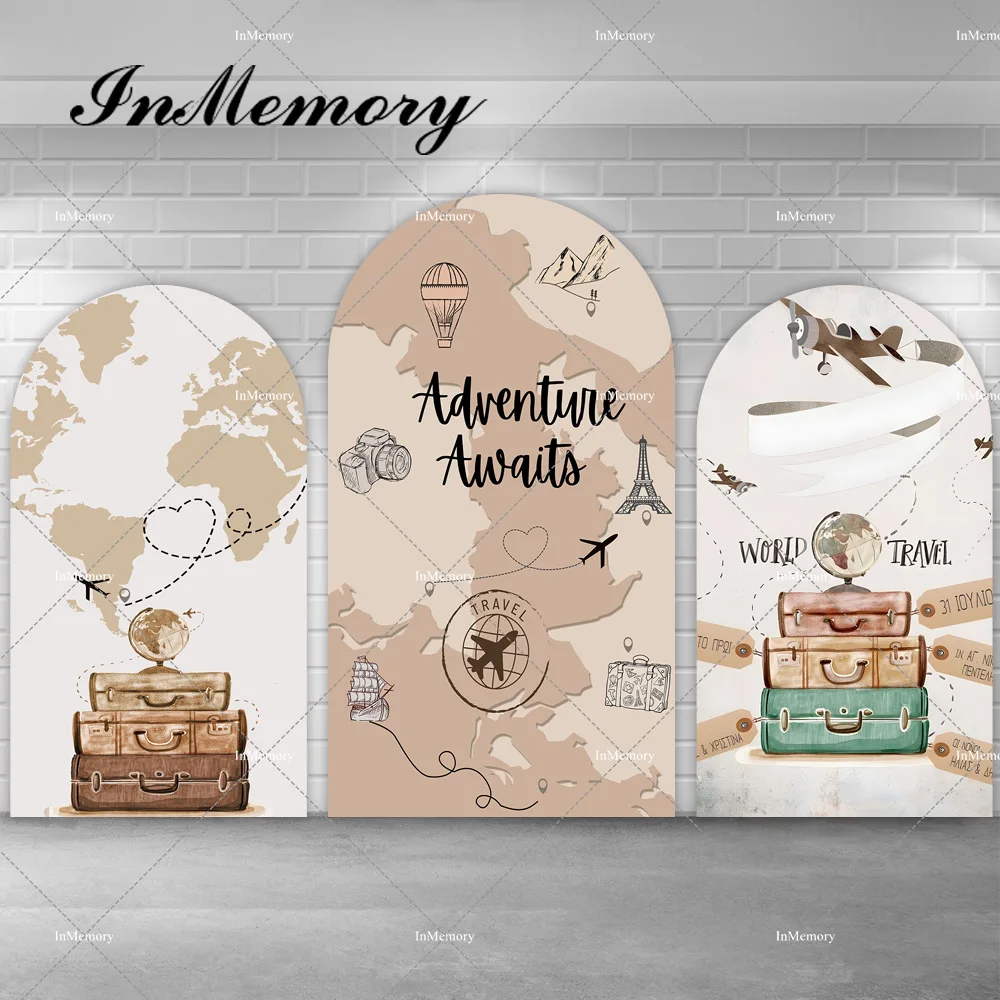 

Adventure Travel Theme Arch Backdrop Cover Beige Brown Airplane Map Luggage Photography Backgrounds Birthday Party Photo Studio