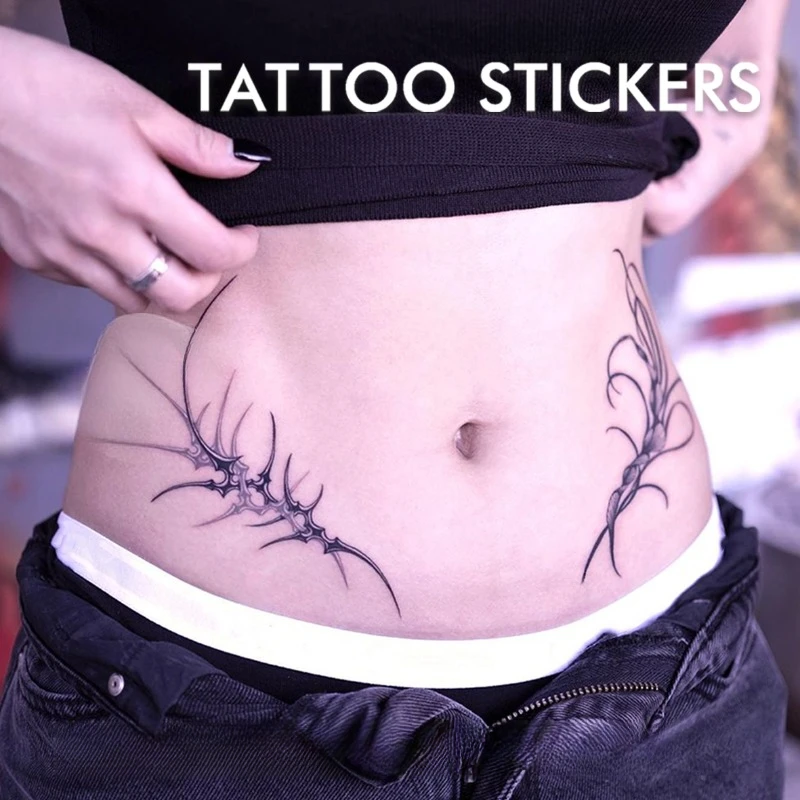 Aesthetic Beauty Fake Tattoo for Woman Abdomen Foliage Pattern Sexy Tattoo Sticker Hotwife Purple Black Art Temporary Tattoo