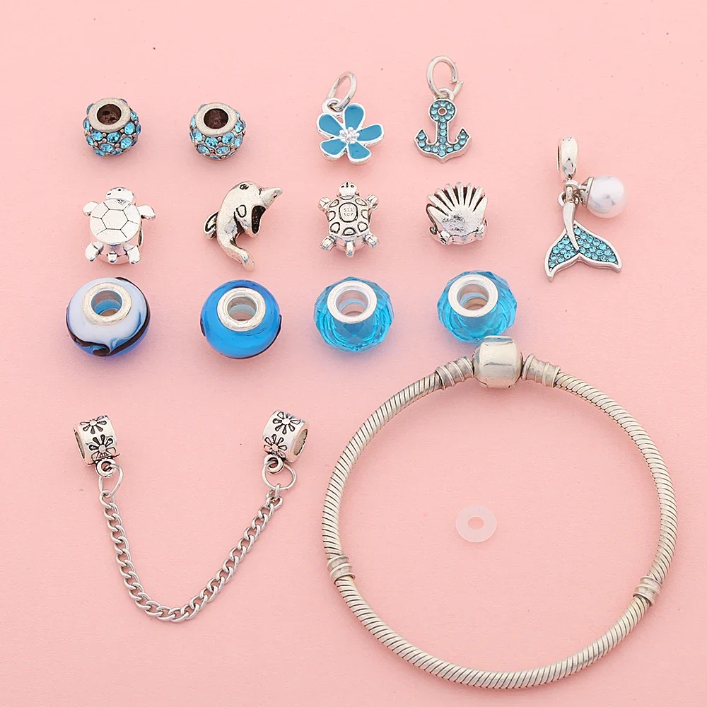Stylish Blue Crystal Mermaid Flower Turtle Dolphin Charms Bracelet for Women Kids Gift Ocean Series Jewelry
