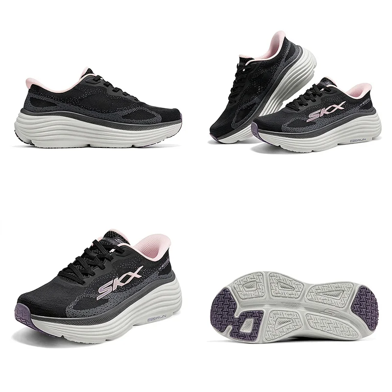 Skechers 129492-BLK Women Mesh Running Shoes Slip On Thick Sole Lightweight Breathable Sports Sneakers
