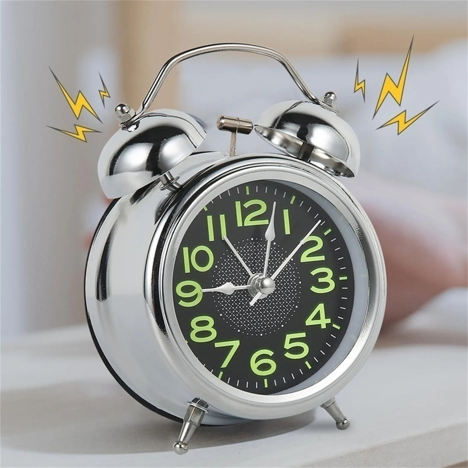 4 Inch Twin Bell Loud Alarm Clock Metal Frame Luminous Dial Battery Operate Desk Table Alarm Clock For Home And Office