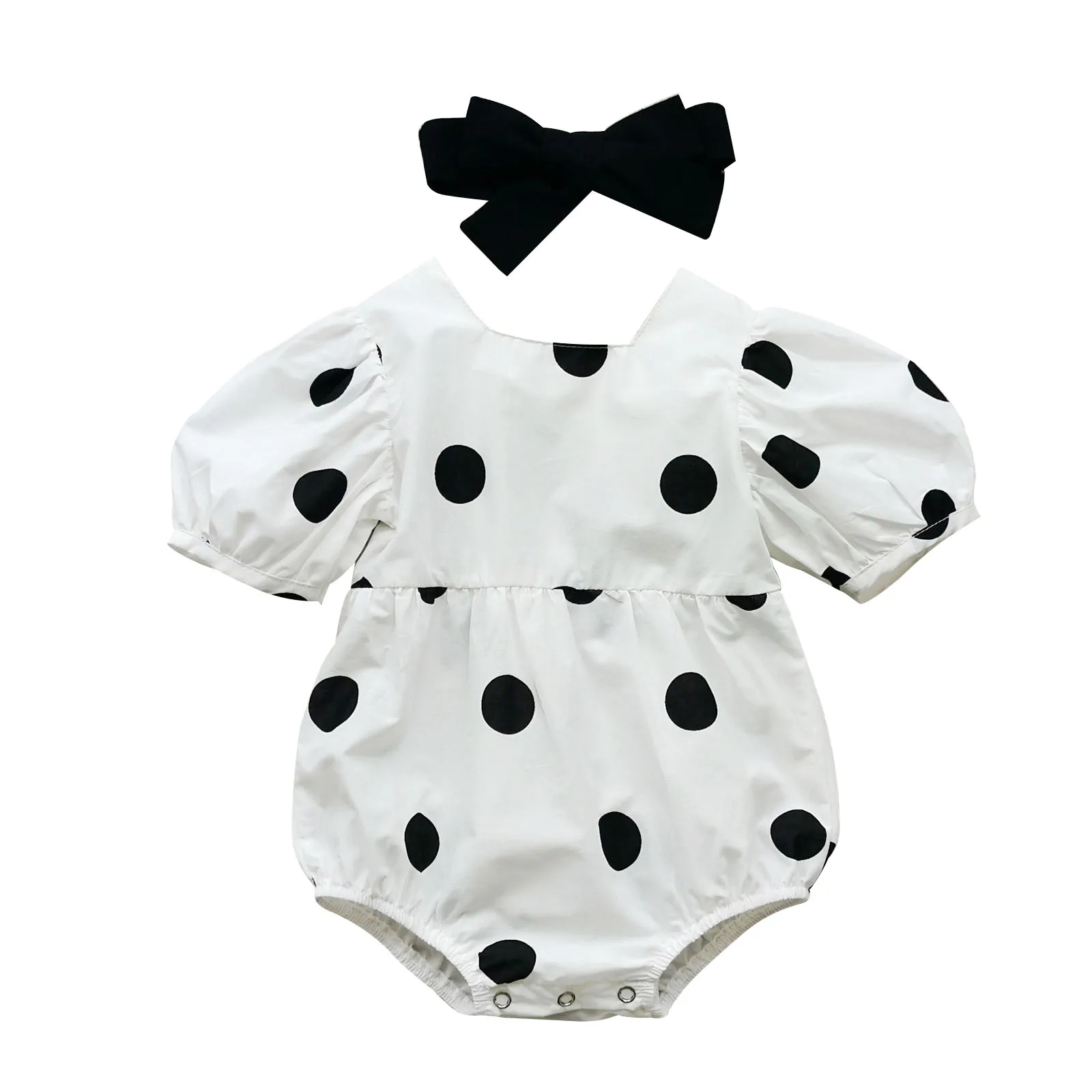 

Summer Infant Newborn Baby Girls Fashion Polka Dot Printed Puff Short Sleeve Romper Jumpsuit Headband 2pcs Outfit Sunsuit