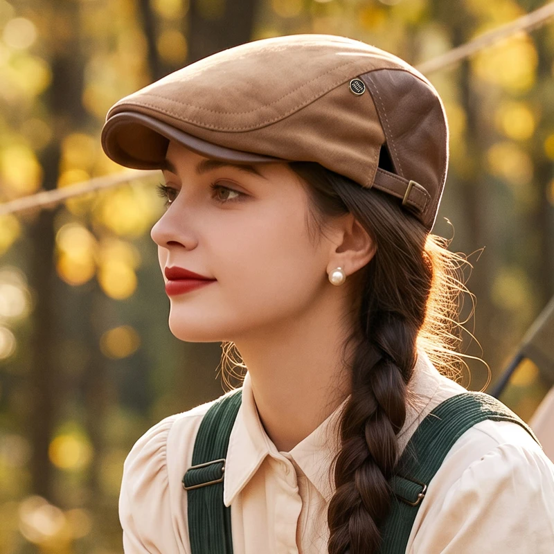 Men Women Vintage British Flat Cap Suede Faux Leather Patchwork Ivy Newsboy Cap Adjustable Metal Buckle Driving Beret Hat