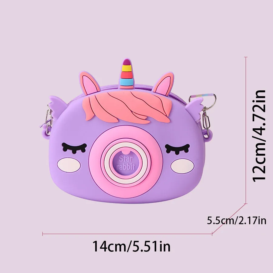 New children\'s unicorn camera coin purse, cute silicone waterproof children\'s crossbody bag, cute design, bright colors