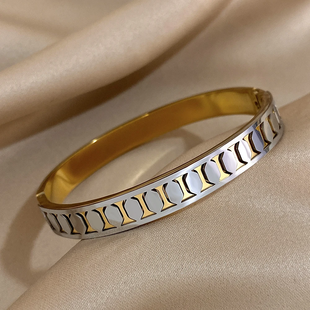 أزياء هندسية الذهب والفضة اللون الفولاذ المقاوم للصدأ الكفة الأساور للنساء لامعة السلس أساور المعصم مجوهرات للماء #3