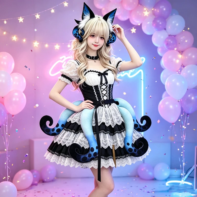 Women Gothic Sea Octopus Tentacle Tail And Horn Headband Cosplay Accessories Red Blue Plush Lolita Decor For Party Performance