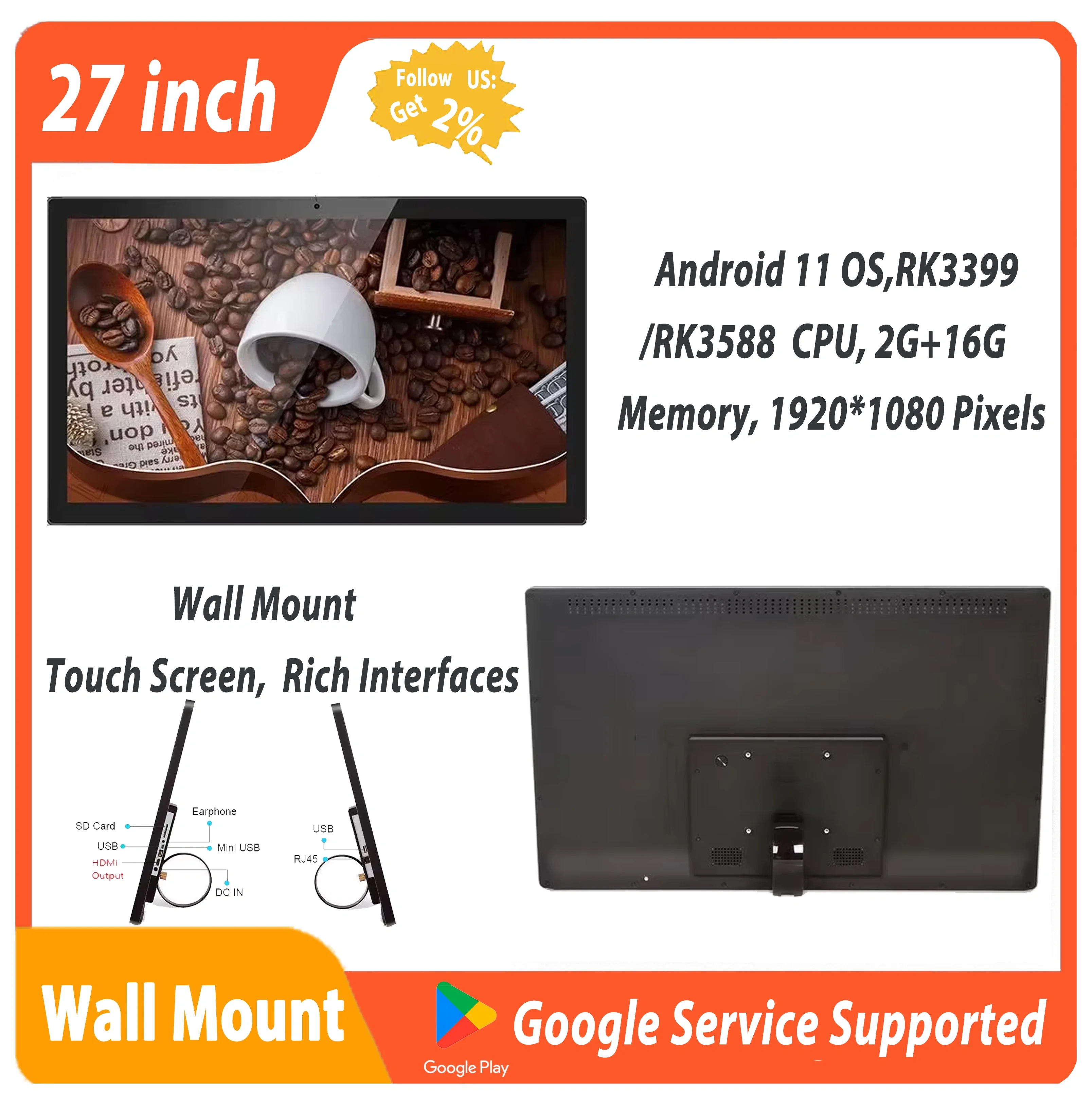 Wall Mounted 27 Inch Tablet Large Touch Screen Android Display Smart Home TV Controller HDMI Advertisement Monitor VESA