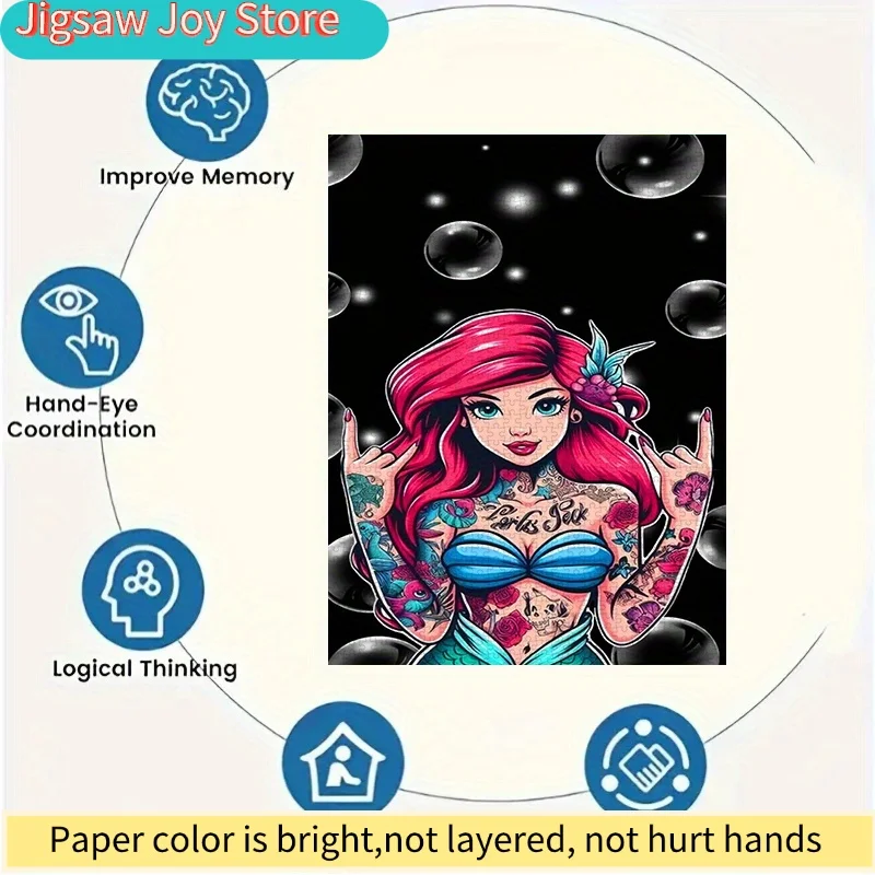 Puzzle Disney 500 pezzi, Puzzle fai da te in carta, Serie Dark Tattoo Sirena, Materiale in cartoncino bianco rinforzato, Adatto per puzzle, per coppie