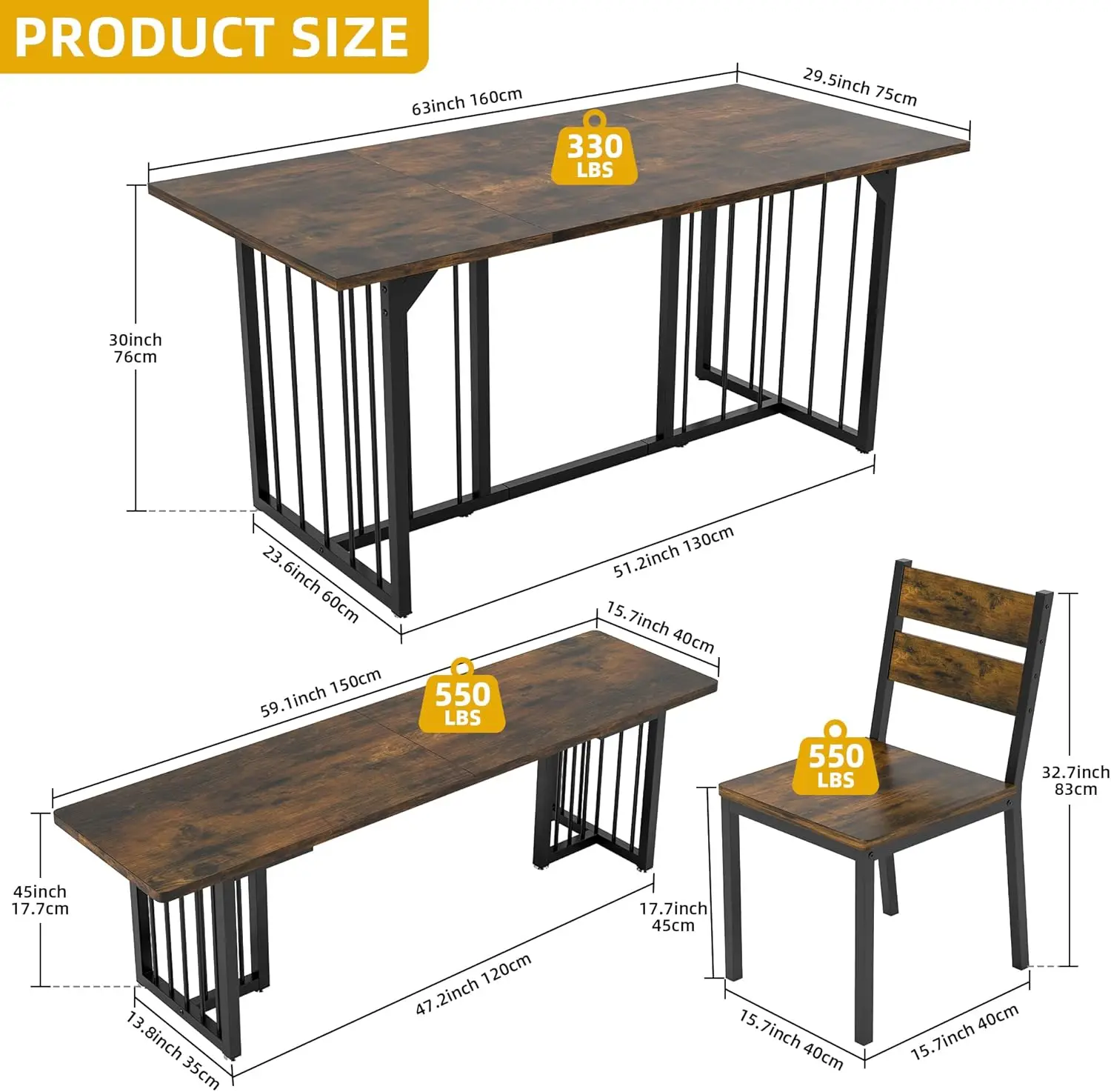 Dwvo 5-Piece Dining Table Set For 6-8 People 63 Inch Kitchen Table Set With 2 Benches And 2 Chairs Farmhouse Rectangular Dining