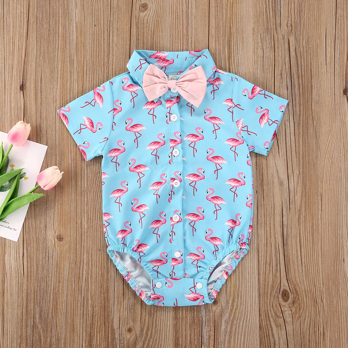 Newborn Baby Boys Jumpsuit Casual Short Sleeve Cartoon Printed Romper Solid Color Bow Tie