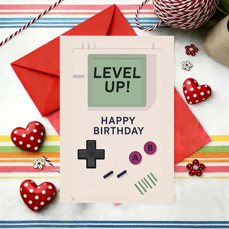 1 Happy Birthday greeting card, retro game console design with 