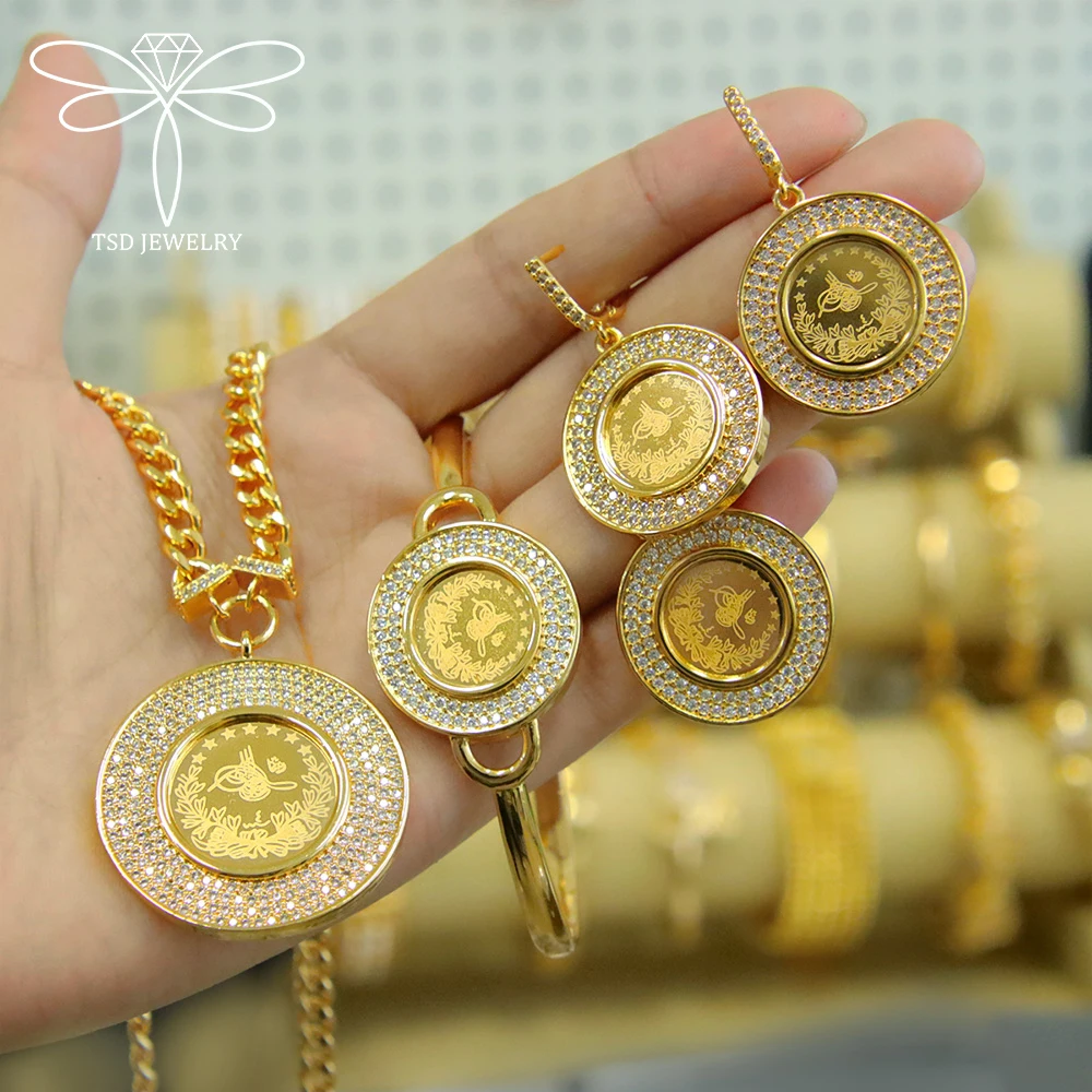 

Nigeria Wedding Jewelry Set 24k Gold Plated Brazilian Zircoina Coins Necklace Bracelet Earrings Ring Saudi Vintage Jewelrys