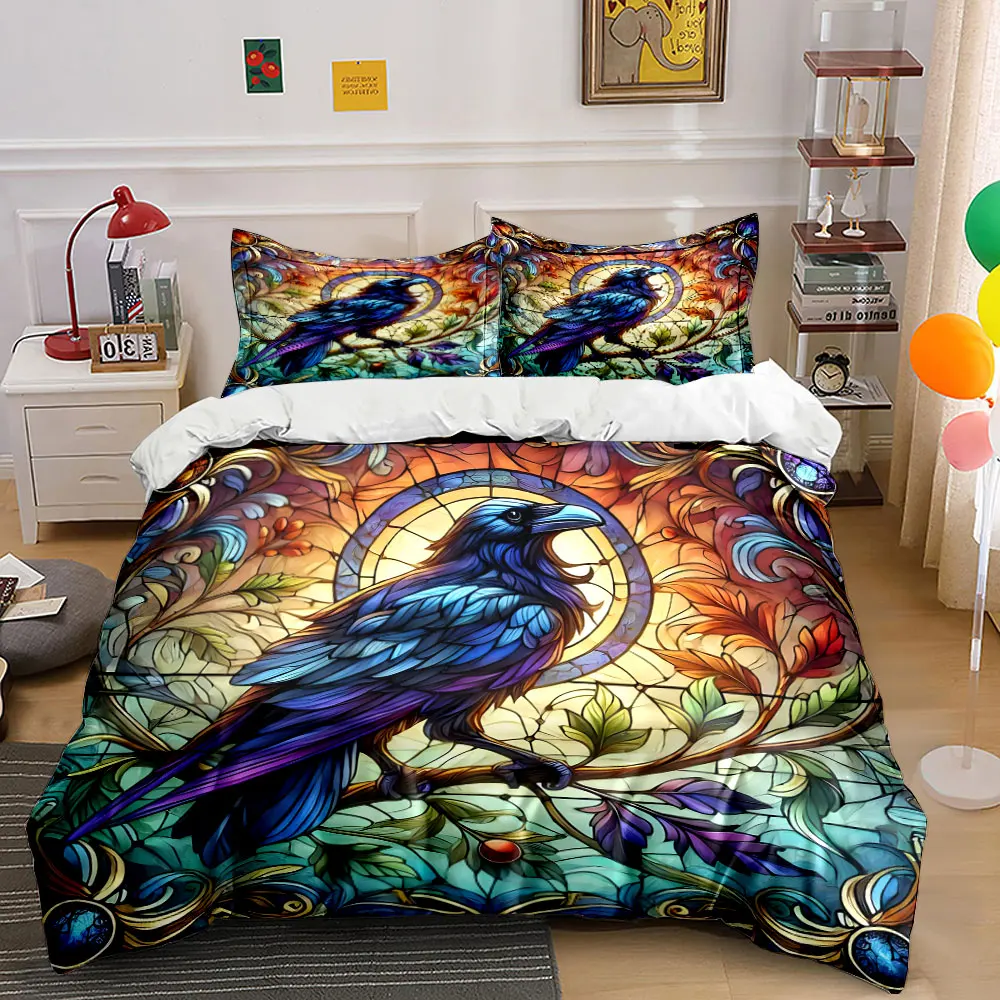 Stained Glass Crow Artwork Printed Duvet Cover Set1 Duvet Cover+2 PillowcaseMulti Size Bedroom Bedding Decor Luxury gifts
