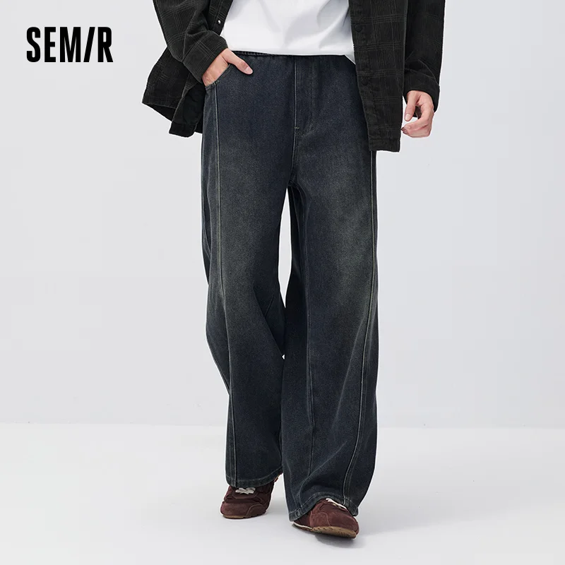Semir Men Denim Jeans Drawstring Loose Fit Wide Leg 2026 New Winter Daily Wear Urban Casual Style Cold Weather Layering