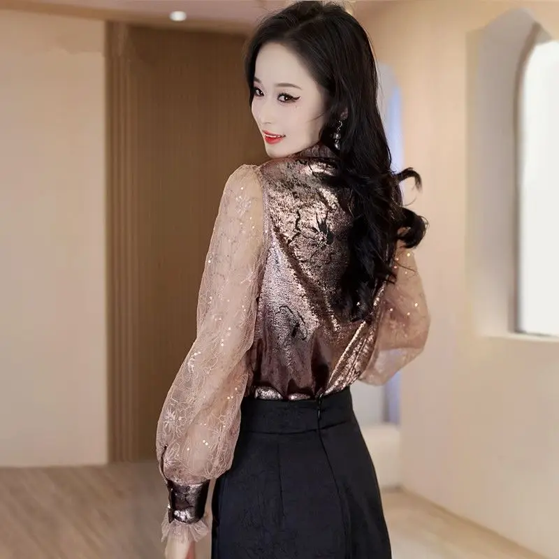 

Осенняя блузка с длинными рукавами и вставками, шикарная и красивая шифоновая рубашка с воротником-стойкой, элегантная женская блузка для ранней осени