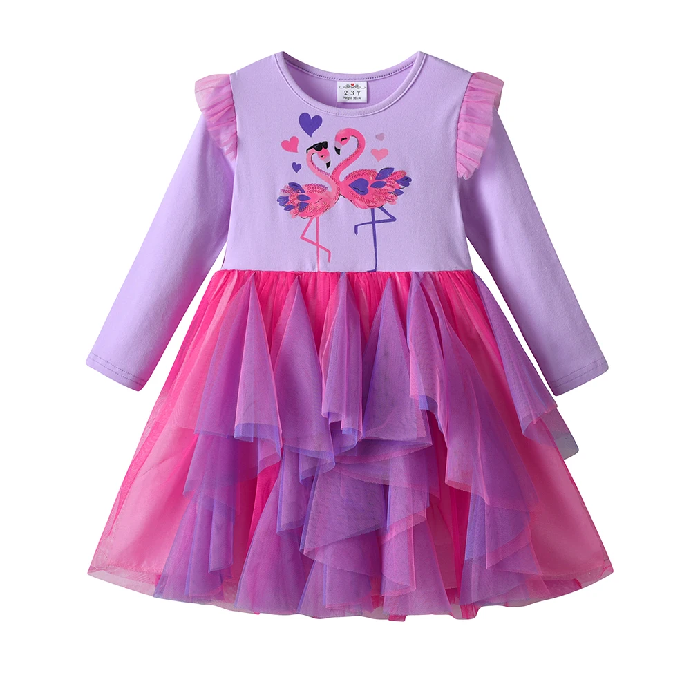 DXTON Princess Dress For Girls Mesh Patchwork Children Party Costumes Flamingo Toddler Irregular Tulle Dress Kids Autumn Outfits
