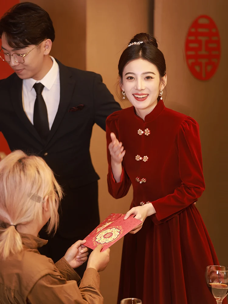 

Red Velvet Wedding Dr Set New Chinese Sle Simple Ele Bridesmaid Ceremony Dr Long Sve Full Length