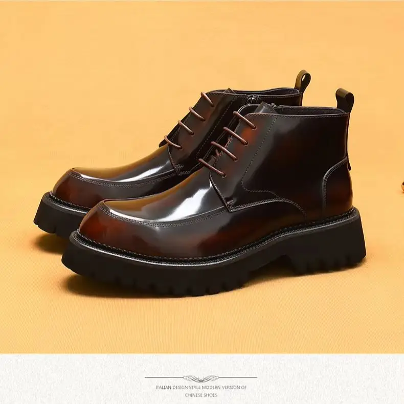 Winter Men's Leather Zipper Ankle Boots Patent Leather Glow-Face British Motorcycle Boots Round Toe Thick-Bottom  Ankle Boots