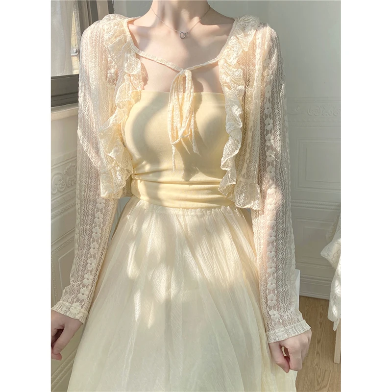 

Ультра-легкий кружевной солнцезащитный кардиган для женщин, летняя тонкая верхняя одежда для кондиционированных помещений, корейский стиль, для повседневной носки