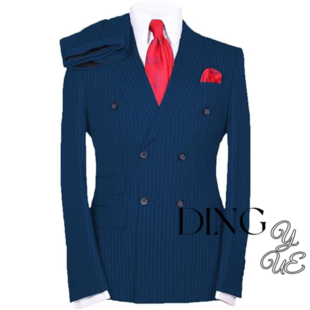 

Men's Suits Slim Fit 2 Pieces Double Breasted Pinstripe Prom Tuxedos Business Blazer+Pants Working Jacket