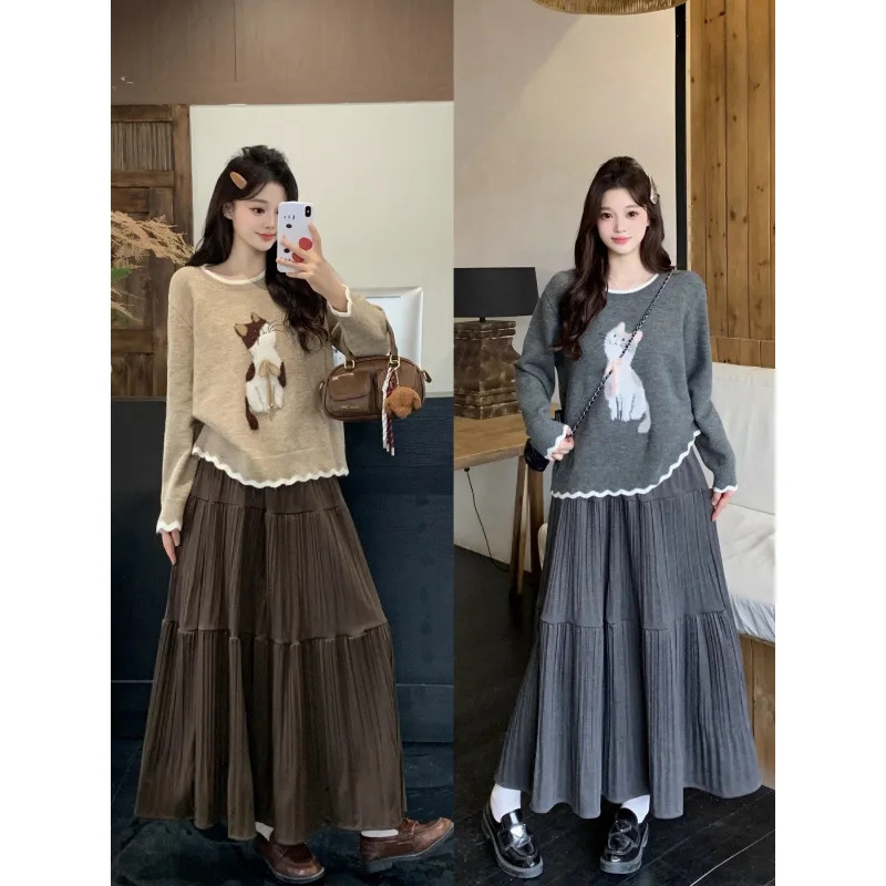 Harajuku Vintage Coffee Gray Pleated Skirt Women Spring High Waist Loose A-line Midi Skirt Casual Commut Versatile Half Skirts