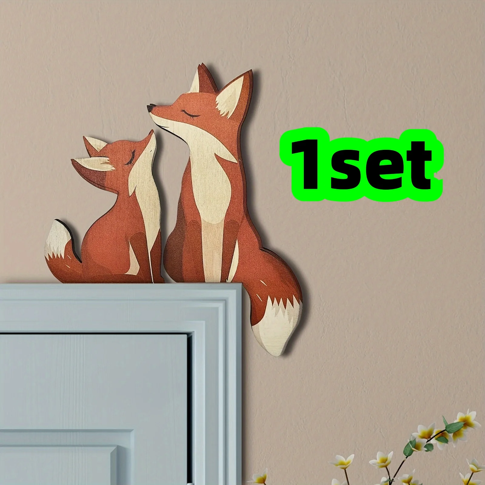 1 Stück Holz-Fuchs-Ornament „Mutter und Sohn“, Türschild, Eckdekoration, kreative Holzkunststatue, Türrahmendekoration, kleiner Fuchs – Detail 1