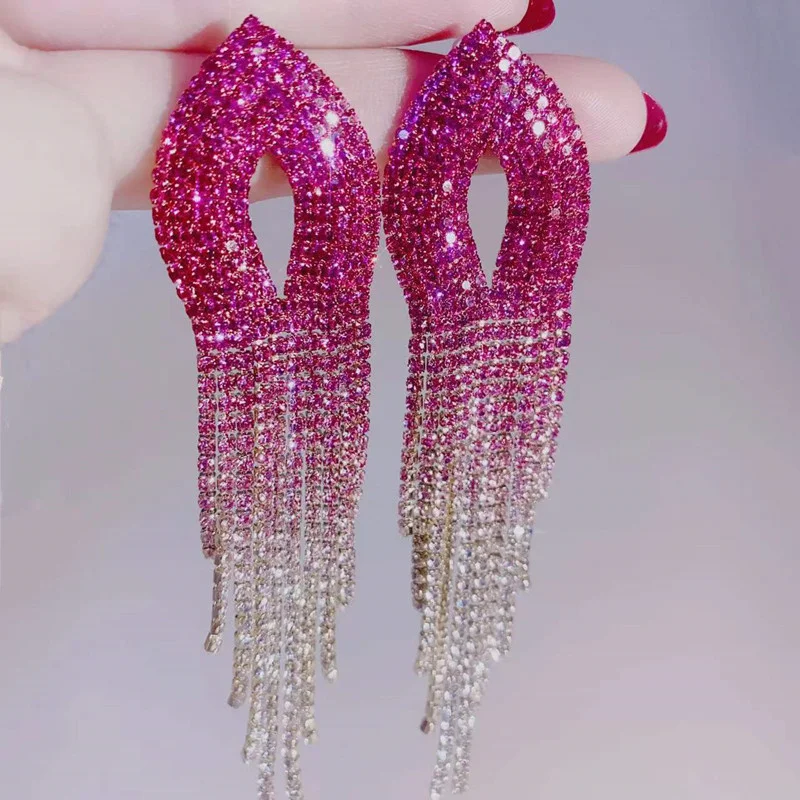 FYUAN Shiny Rainbow Color Crystal Earrings for Women Long Tassel Pink Rhinestone Dangle Earrings Ladies Bride Weddings Jewelry