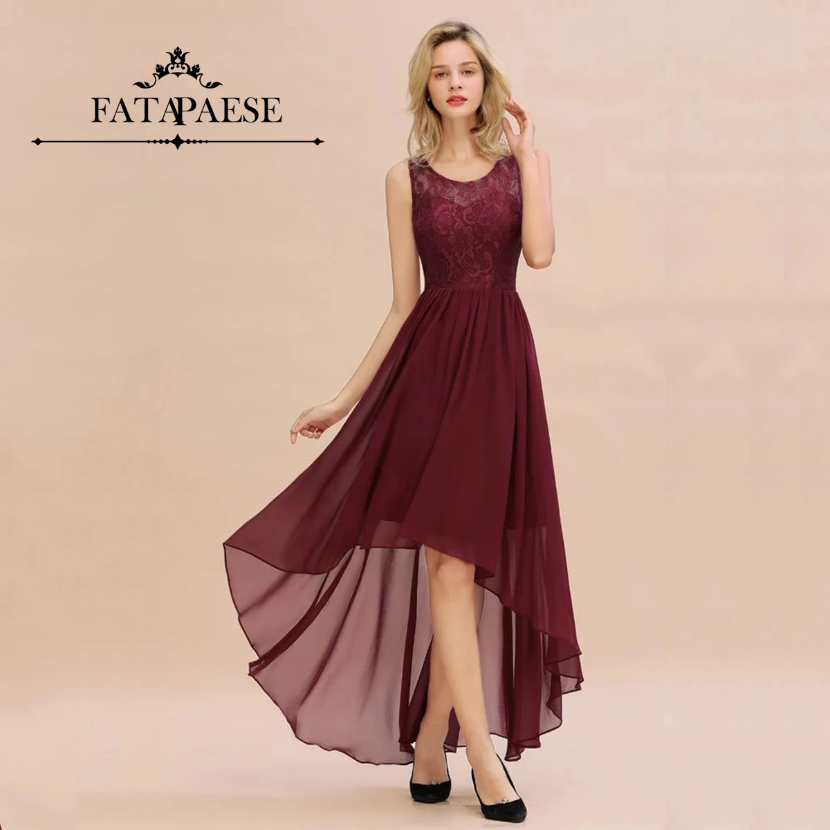 

FATAPAESE Elegant Simple Bridesmaid Dress with U-neckline Soft Lace Fully Gown High-Low Skirt Tea-Length Gown A-Line Skirt Weddi