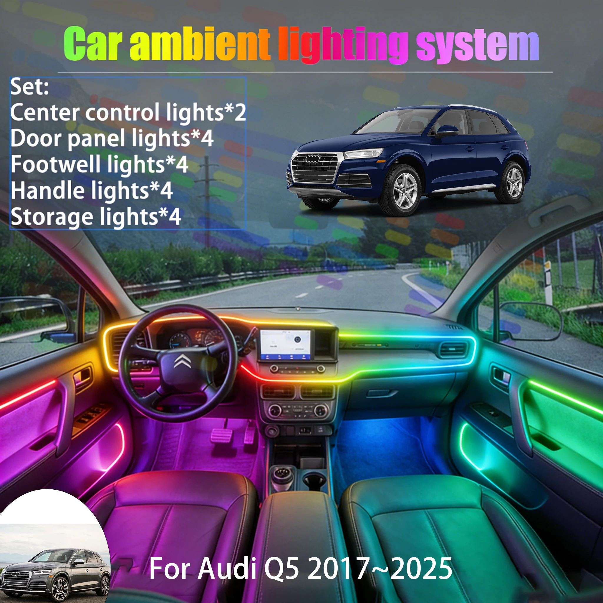 

For Audi Q5 2017~2025 FY MK2 2/18 in 1 Car ambient lighting Led trunk interior led lights USB RGB Ensemble Streamer Auto Parts
