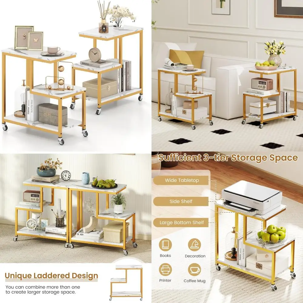 

Modern 3-Tier G-Shaped Sofa Side Table Set with Wheels and Metal Frame, Featuring Open Shelves for Display