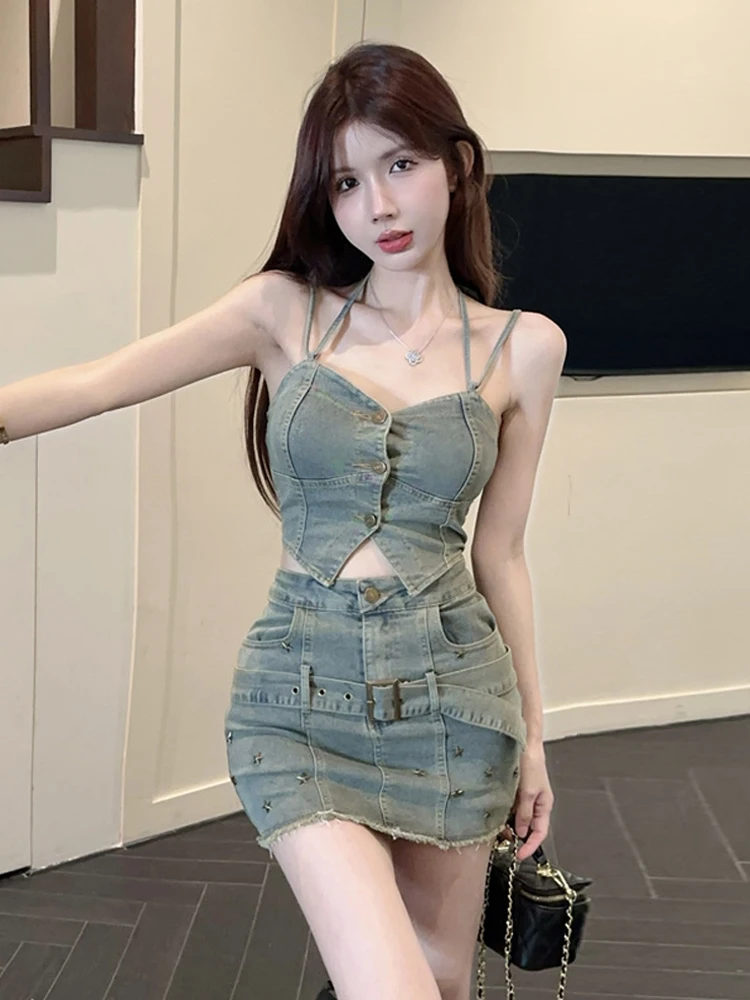 

Sexy Girl Design Retro Buttonl Svel Slit Ne Denim Strap Vest And ort Skirt Faion Set Summer Collection
