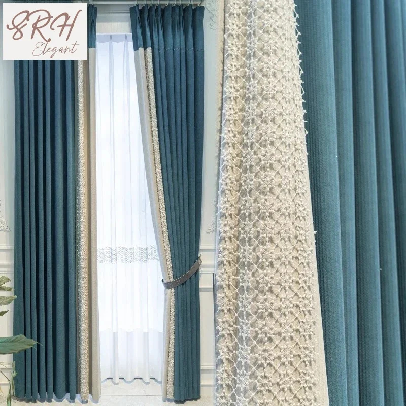 

Индивидуальные синие, бежевые жаккардовые синельные кружевные шторы с заплатками для гостиной, спальни, французского окна, балкона, виллы, отделка