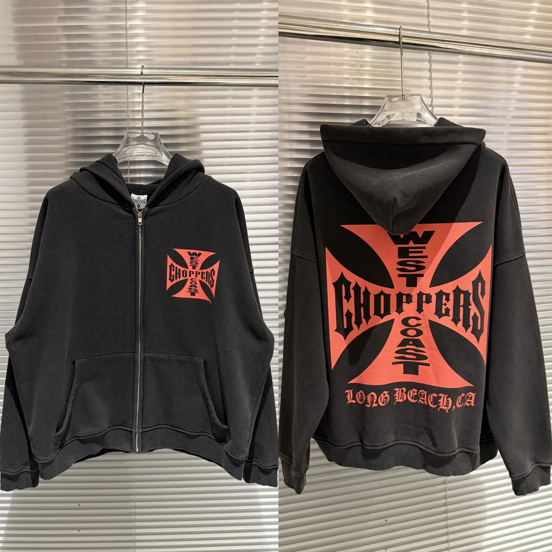 

Мытый пуловер с капюшоном West Coast Choppers с красным крестом и принтом для мужчин и женщин с капюшоном