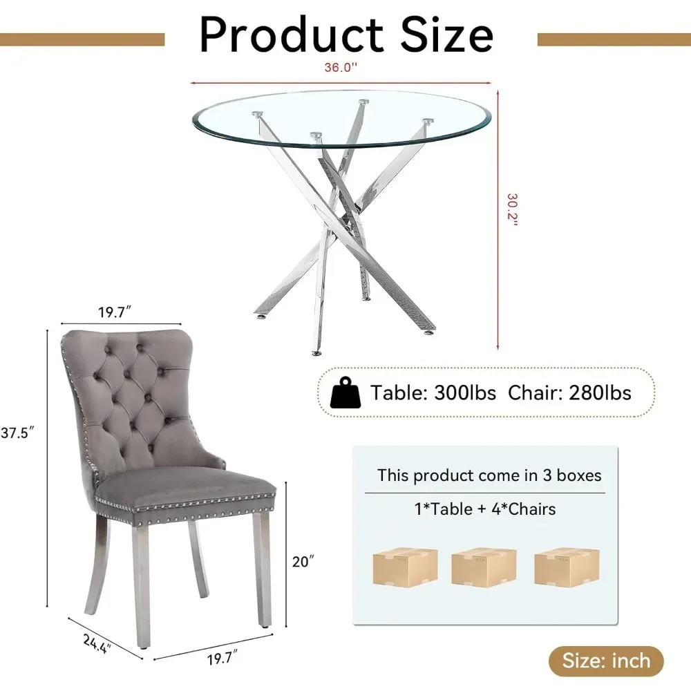 36'' 5-teiliges Esstisch-Set, Glas-Esstisch mit 4 grauen getufteten Esszimmerstühlen, silbernen Beinen, Tisch- und Stuhl-Set für 4 Personen