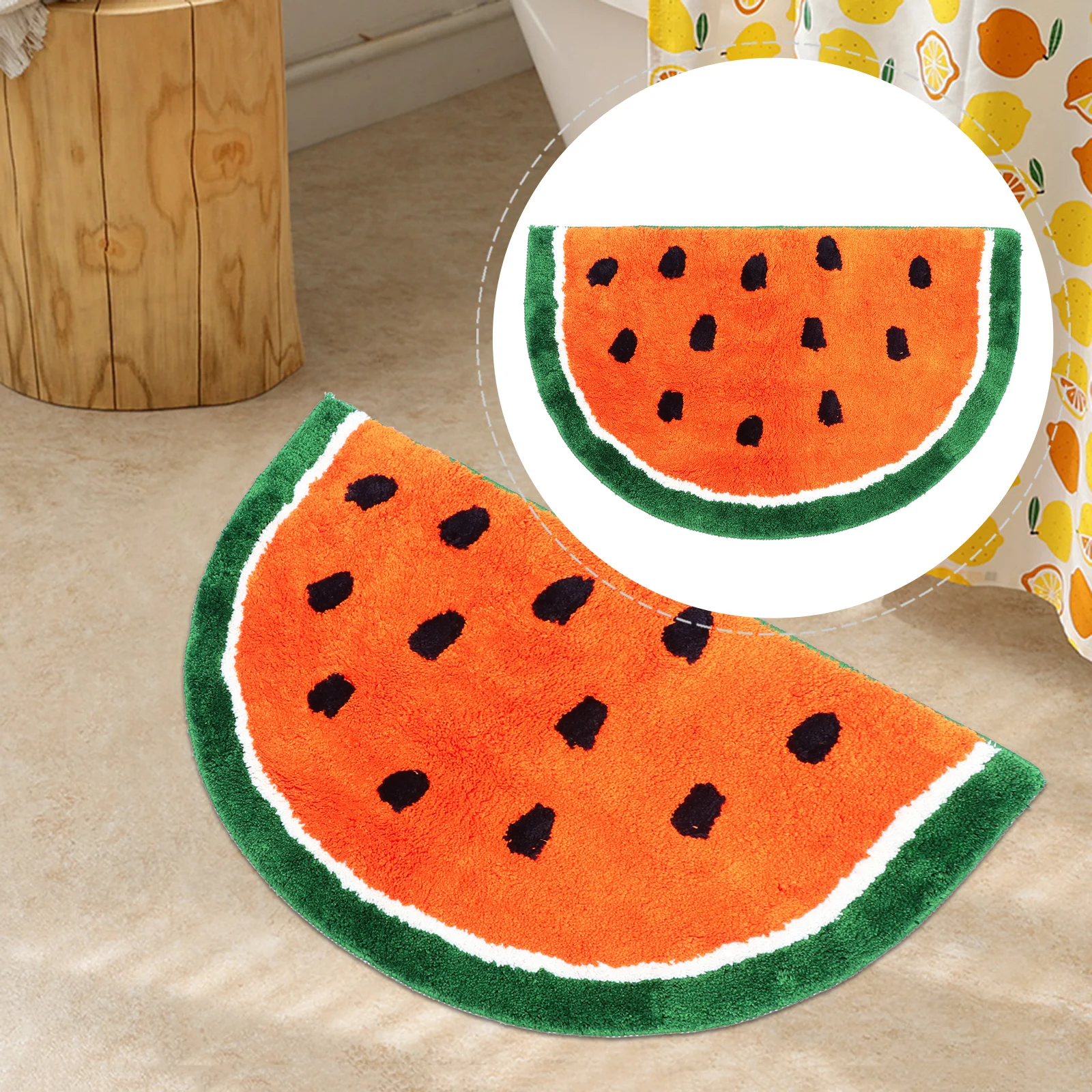 

Cartoon Watermelon Pattern Non-Slip Half Circle Bathroom Rug Flexible Soft Floor Mat Indoor Home Decoration Cartoon Mat