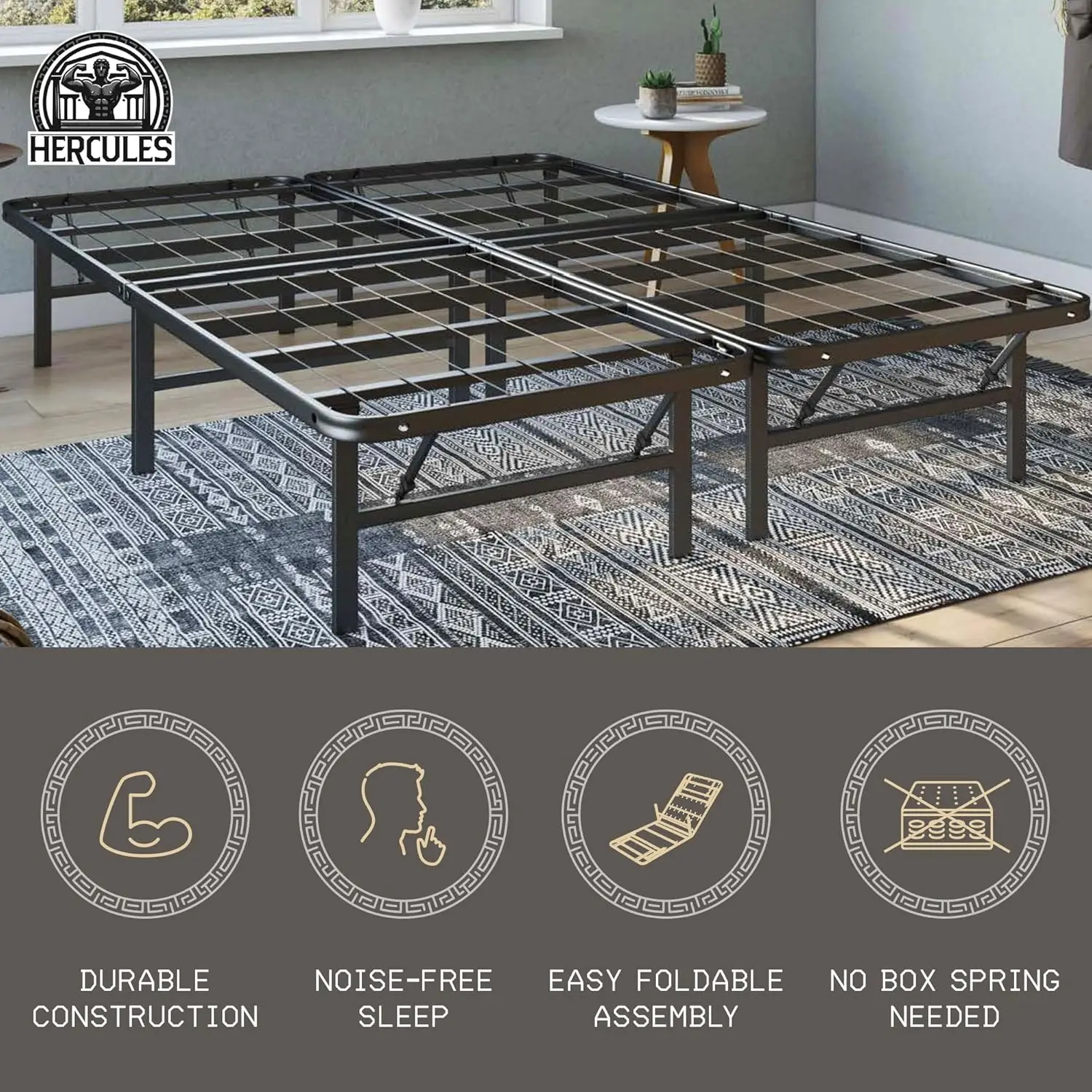 Folding Metal Bed Frame, 14" Platform Mattress Foundation, No Box Spring Needed, Queen