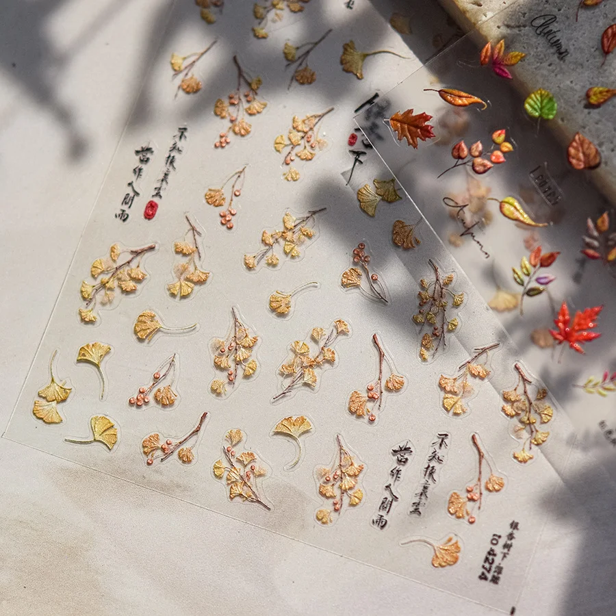 Fall Gold Leaves Nail Stickers Sliders for Manicure Maple Leaf Nail Sticker Nail Art Transfer Decals Foils Autumn Decorations