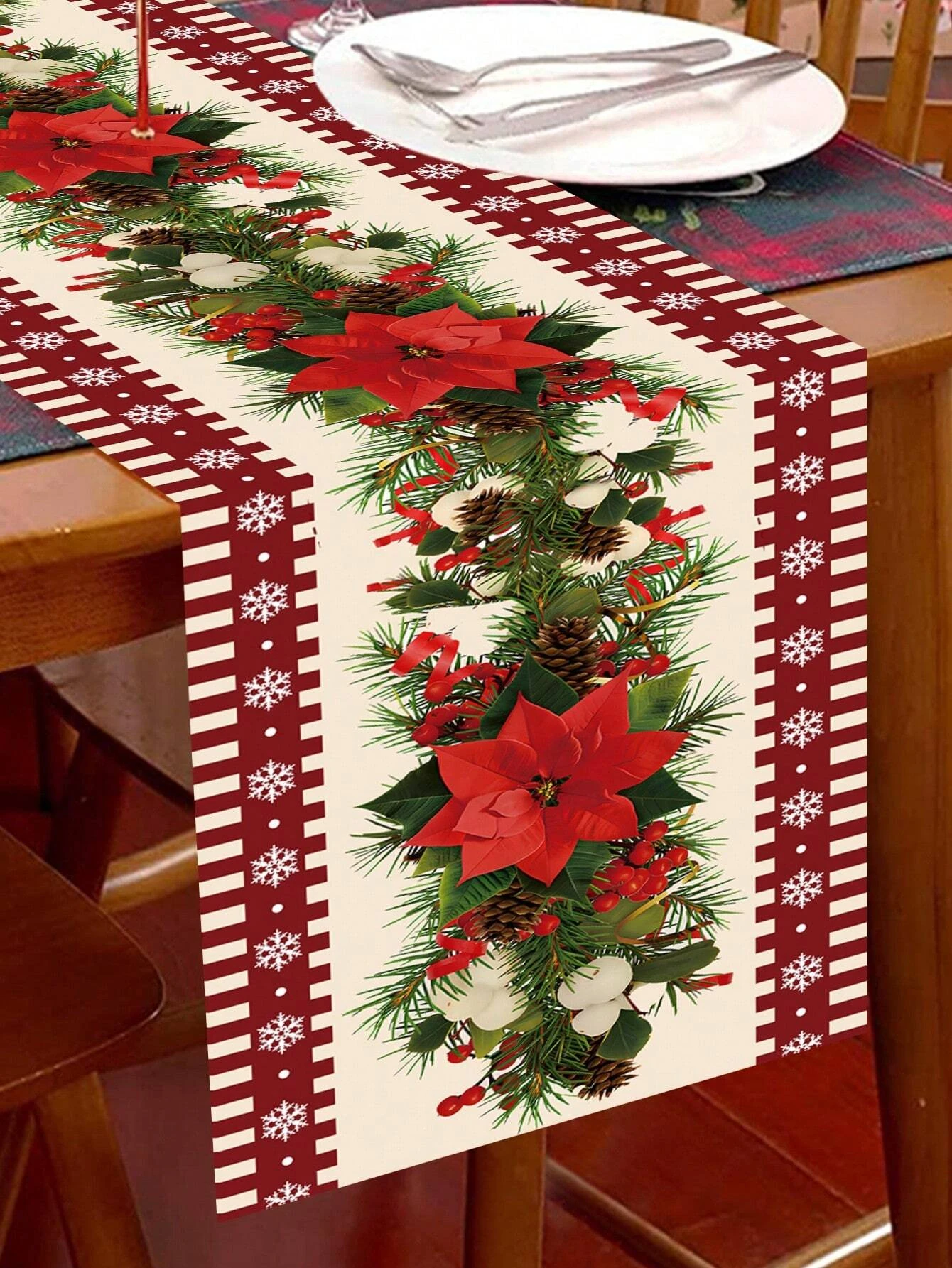JIT Christmas Table Runner Poinsettia Pine Pattern Festive Style Table Decor for Dining Table Holiday Decoration Vibrant Design