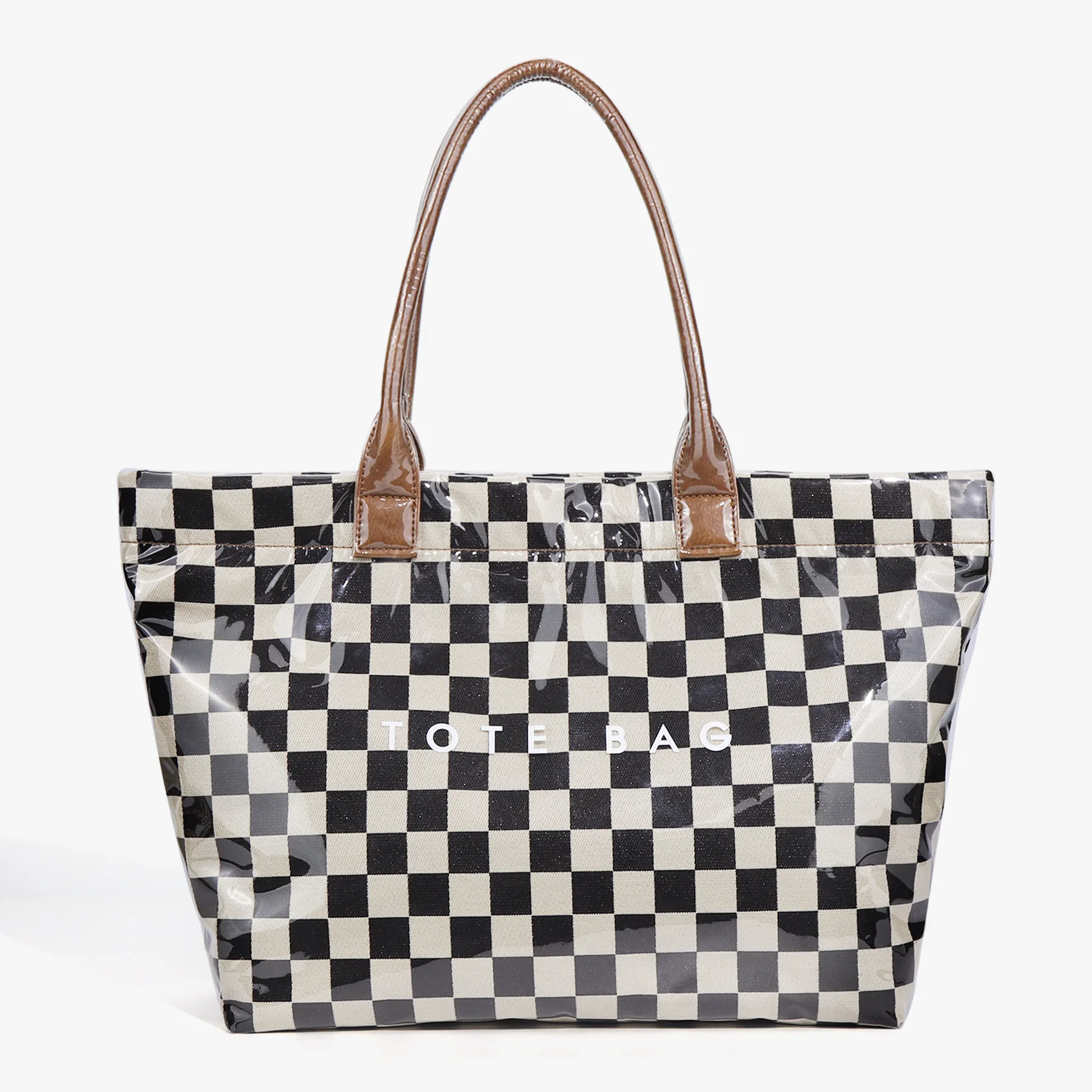 

Fashionable retro checkerboard single shoulder tote bag for women, new commuter large capacity PVC handbag shopping bag