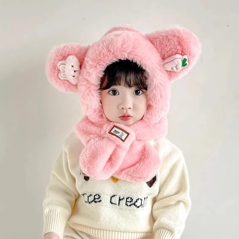 Winter All-in-one Hat Set for Boys and Girls, Cartoon Bear Doll Plush Scarf, Cute Warm and Comfortable Scarf