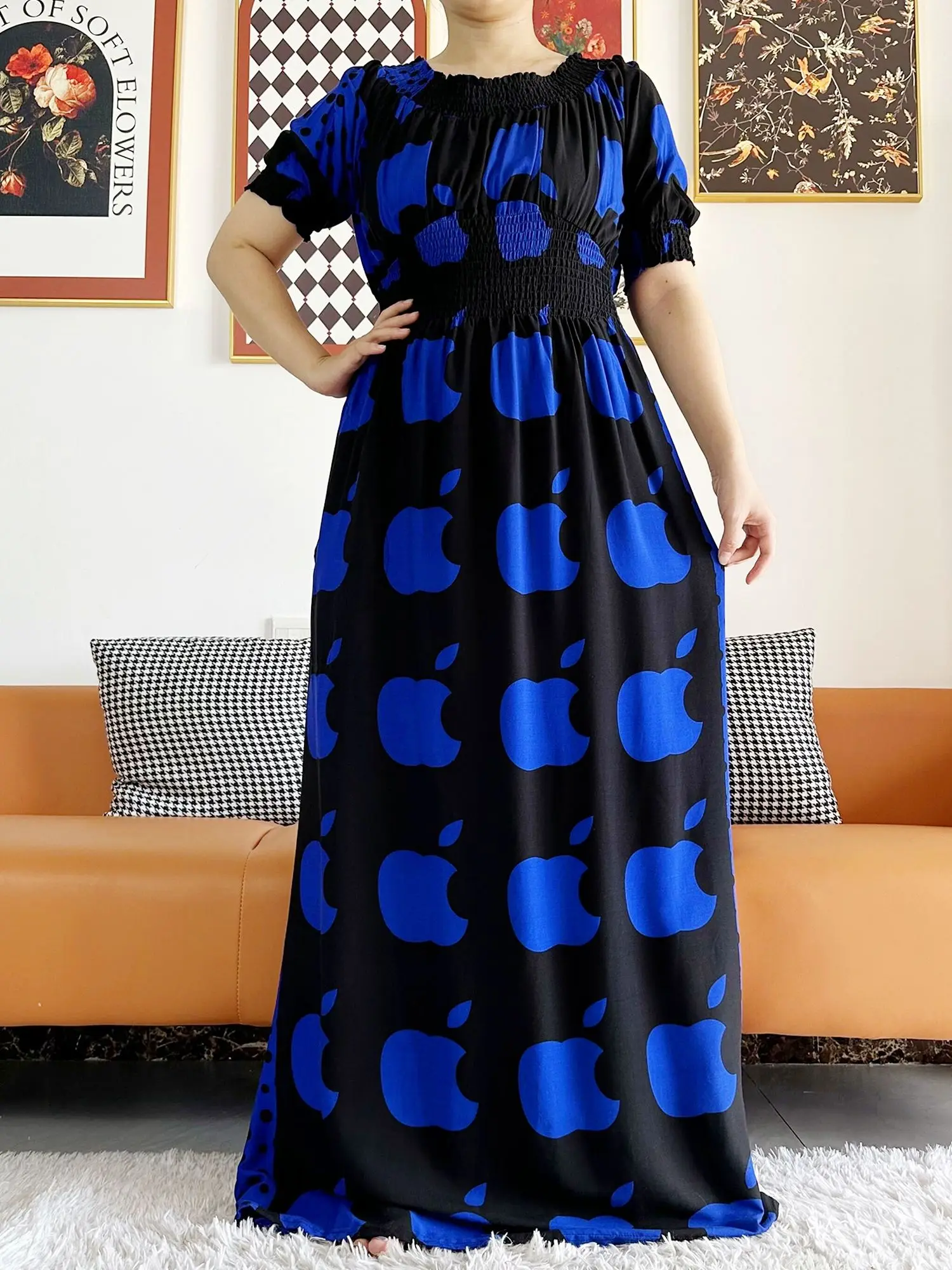 African Women Dashiki 100% Cotton Floral Dress Printing Apple Design Short Sleeve Collect Waist Straight Loose African Clothing