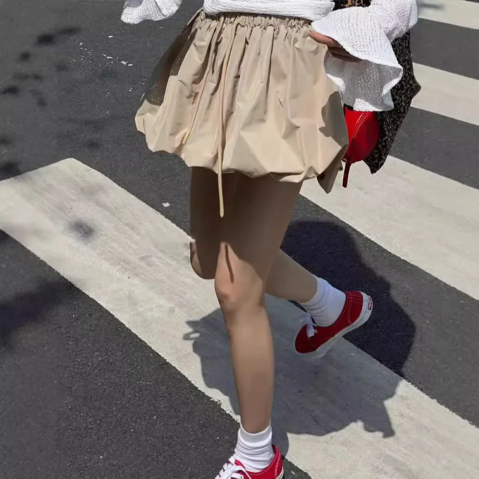 Solid Color Flower Bud Skirt Women's New Retro High Waist Drawstring Half Skirt Sweet Short Skirt