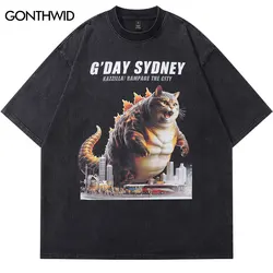 黒の特大Tシャツ,ヴィンテージダンガリー,面白い猫,モンスター,獣のグラフィックプリント,ヒップホップ,ウォッシュド,コットントップ,原宿ストリートウェア,2021