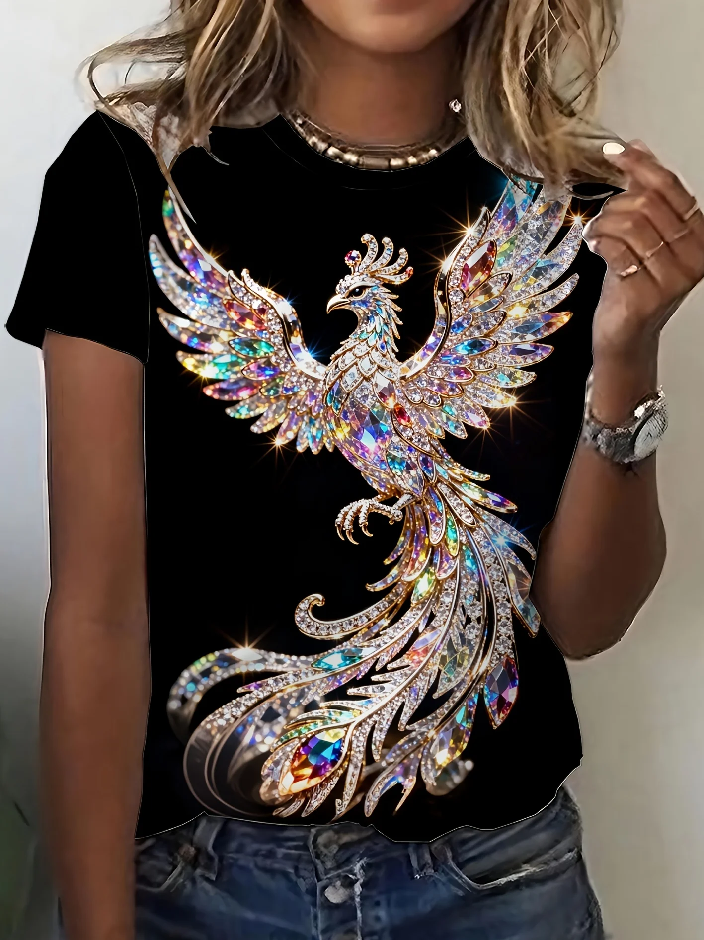 Women T‑shirt Short Sleeve Shiny Rhinestone Phoenix Ornate Feather Graphic Print O‑neck Casual Daily Summer Fashion Tee Top