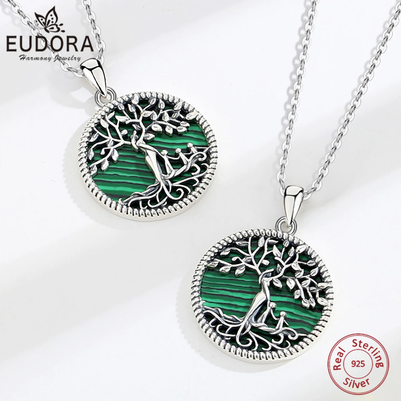 Eudora 925 Sterling Silver Tree of Life Necklace Malachite Mother and Two Child Pendant Fine Jewelry Mother's Day Gift for Wife