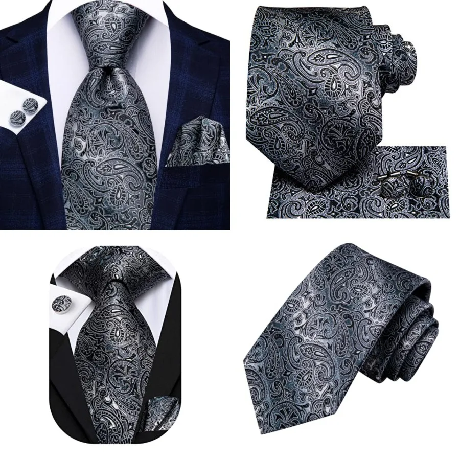 

Men 63inches Tie Set Extra Long Necktie Paisley Tie Pocket Suqare Cufflinks Big and Tall Men Tie, Black Grey